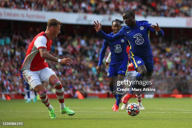 Golo Kante of Chelsea in action with Ben White of Arsenal during the Pre Season Friendly between Arsenal and Chelsea at Emirates Stadium on August 1,...