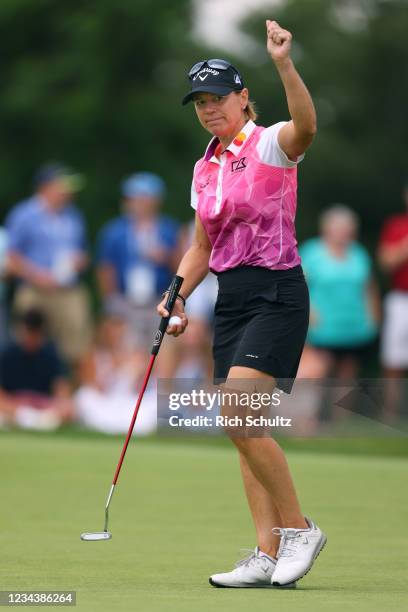 Annika Sorenstam of Sweden reacts after sinking her putt on the 16th green during the final round of the 2021 U.S. Senior Womens Open Championship on...