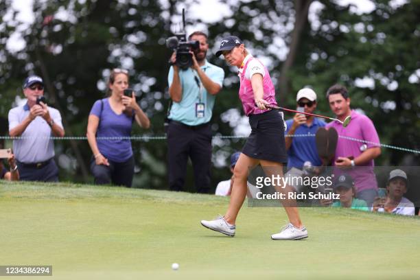 Annika Sorenstam of Sweden attempts to guide her putt in the hole on the 17th green during the final round of the 2021 U.S. Senior Womens Open...