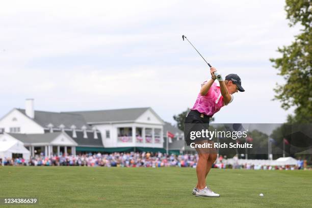 Annika Sorenstam of Sweden hits her approach shot from the fairway on the 18th hole during the final round of the 2021 U.S. Senior Womens Open...