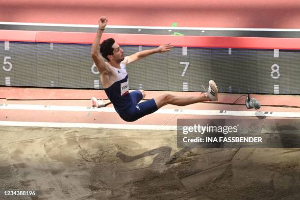 Greece's Miltiadis Tentoglou competes in the men's long jump final during the Tokyo 2020 Olympic Games at the Olympic Stadium in Tokyo on August 2,...