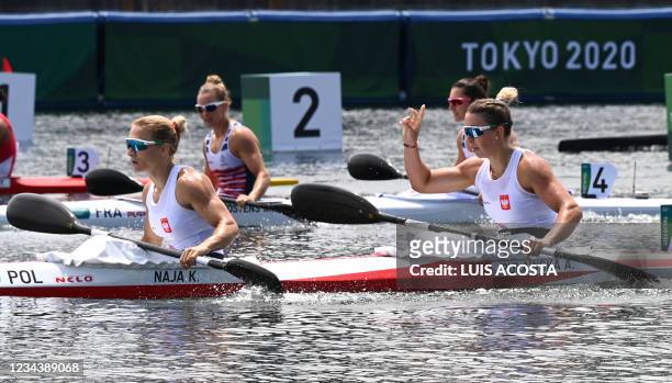 Poland's Karolina Naja and Poland's Anna Pulawska reacts in the heat for the women's kayak double 500m event during the Tokyo 2020 Olympic Games at...