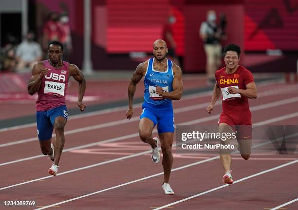 Lamont Marcell Jacobs and Bingtian Su during 100 meter for men at the Tokyo Olympics, Tokyo Olympic stadium, Tokyo, Japan on August 1, 2021.