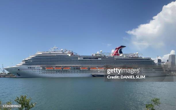 The Carnival Horizon cruise ship is seen moored in the Port of Miami on August 1, 2021.