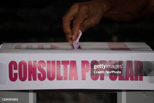 Person casts his vote in a ballot box installed in the Colonia El Vergel, Iztapalapa, on the occasion of the First Popular Consultation in Mexico,...