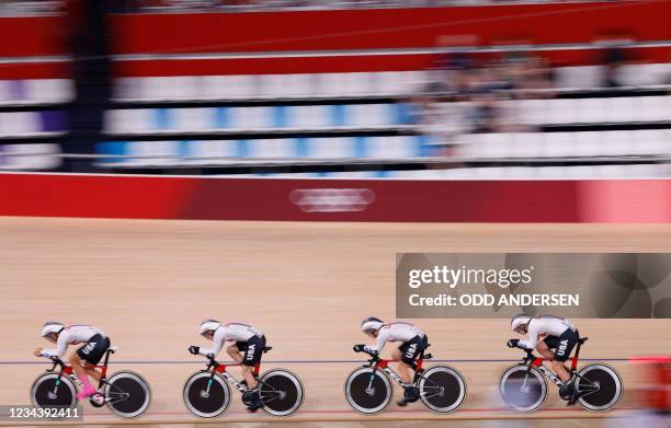 S Jennifer Valente, USA's Chloe Dygert, USA's Emma White and USA's Lily Williams compete in the women's track cycling team pursuit qualifying event...