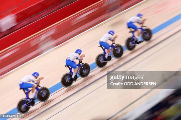 Italy's Simone Consonni, Italy's Filippo Ganna, Italy's Francesco Lamon and Italy's Jonathan Milan compete in the men's track cycling team pursuit...