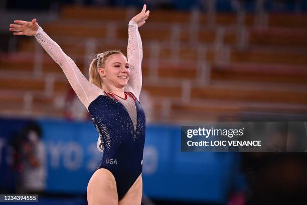 S Jade Carey competes in the artistic gymnastics women's floor exercise final during the Tokyo 2020 Olympic Games at the Ariake Gymnastics Centre in...