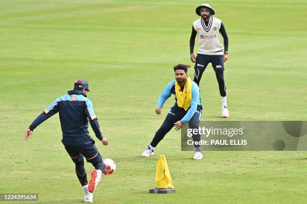 India's Rishabh Pant takes part in a training session at Trent Bridge Cricket Ground in Nottingham, central England on August 2, 2021 ahead of the...