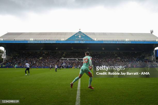 General view of match action at Hillsborough, home stadium of Sheffield Wednesday as fans are back for the first time during the Carabao Cup First...