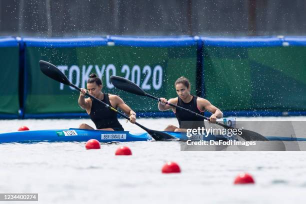 Afef Ben Ismail of Tunisia and Khaoula Sassi of Tunisia compete in the Canoe Sprint Qualifications on day ten of the Tokyo 2020 Olympic Games at Sea...