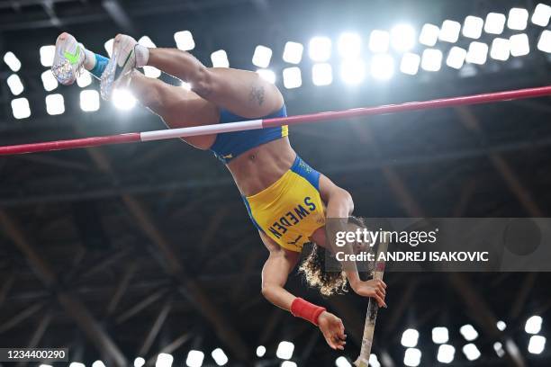 Sweden's Angelica Bengtsson competes in the women's pole vault qualification during the Tokyo 2020 Olympic Games at the Olympic Stadium in Tokyo on...