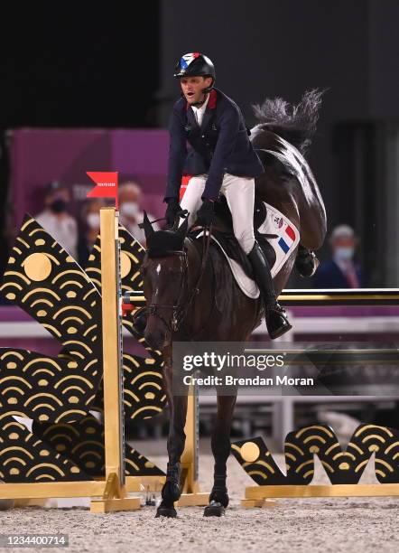 Tokyo , Japan - 2 August 2021; Nicolas Touzaint of France riding Absolut Gold during the eventing jumping individual final at the Equestrian Park...