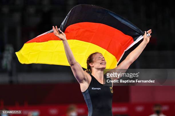 Aline ROTTER FOCKEN of Germany celebrates after the Women's Freestyle 76kg Final at Makuhari Messe Hall A on August 2, 2021 in Tokyo, Japan.