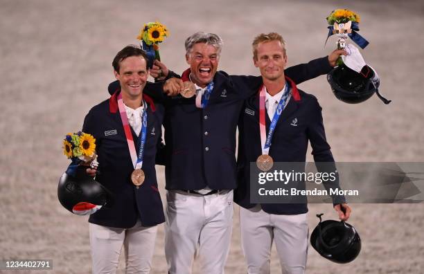 Tokyo , Japan - 2 August 2021; Team France members, from left, Nicolas Touzaint, Karim Florent Laghouag and Cristopher Six celebrate with their...
