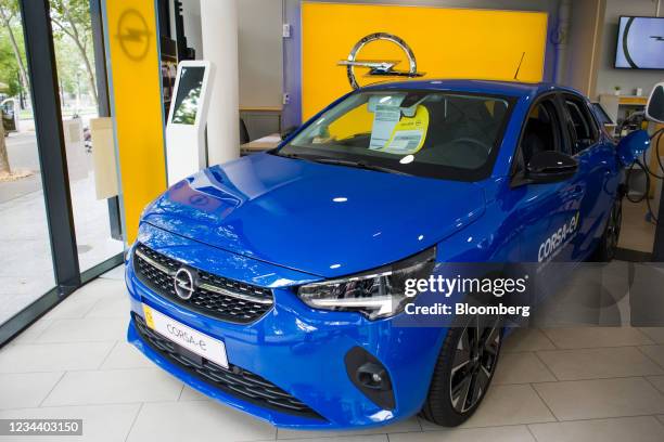 Corsa-e electric automobile in an Opel showroom, operated by Stellantis NV, in Paris, France, on Monday, Aug. 2, 2021. Stellantis reports first half...