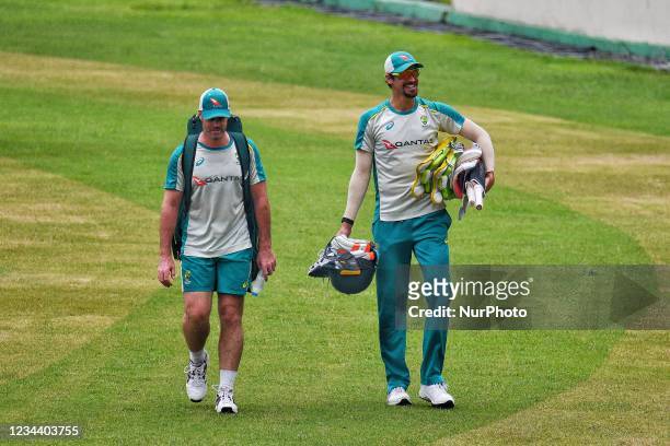 Australia's Cricket Player Mitchell Starc during practice session at Sher e Bangla National Cricket Stadium in Dhaka, Bangladesh on August 1, 2021....