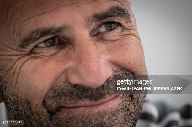 Olympique Lyonnais Dutch head coach Peter Bosz looks on during an interview at the Groupama Stadium, in Decines-Charpieu, near Lyon, south-central...