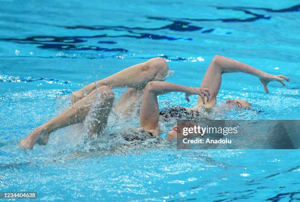 Russia's Svetlana Kolesnichenko and Russia's Svetlana Romashina compete in the preliminary for the women's duet free artistic swimming event during...