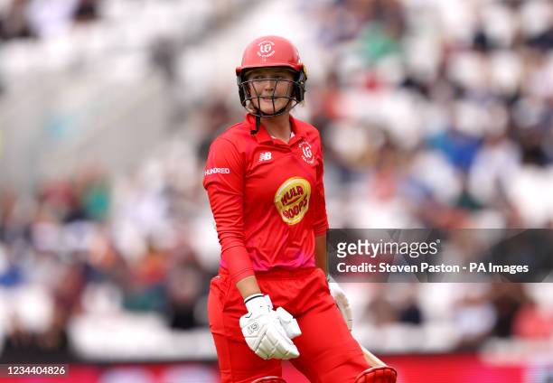 Welsh Fire's Sarah Taylor leaves the pitch after being caught out by Oval Invincibles' Mady Villiers during The Hundred match at the Kia Oval,...