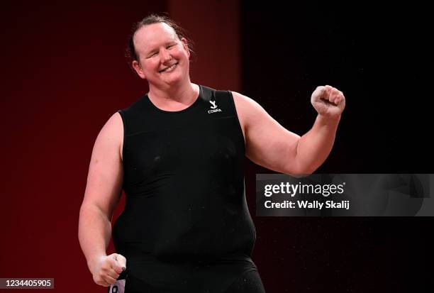 August 2, 2021: New Zealands Laurel Hubbard, the first transgender Olympian, smiles to the small crowd after failing to advance in the womens 87kg...