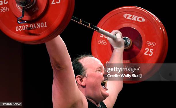 August 2, 2021: New Zealand's Laurel Hubbard, the first transgender Olympian, can't make the lift on his final try in the women's 87kg weightlifting...