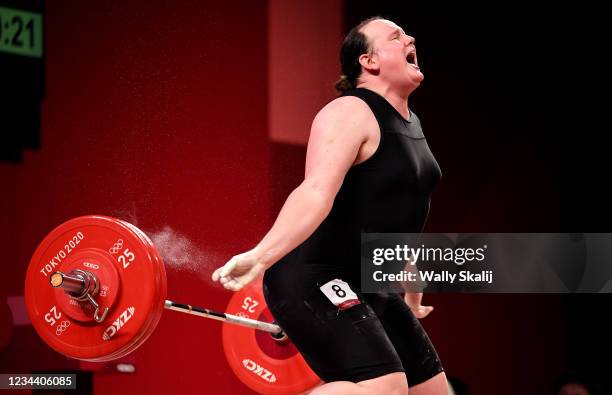 August 2, 2021: New Zealands Laurel Hubbard, the first transgender Olympian, cant make the lift on his final try in the womens 87kg weightlifting...