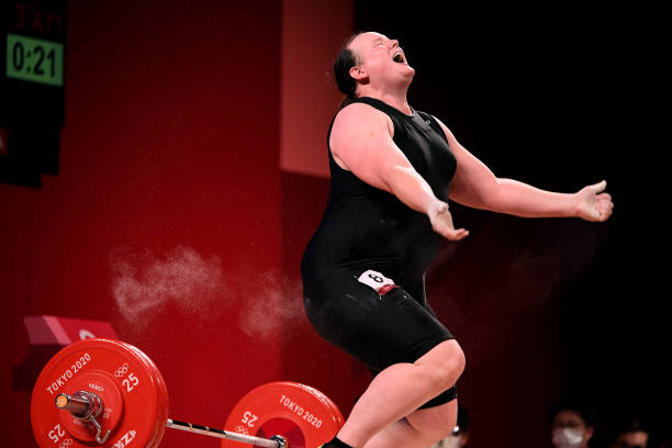August 2, 2021: New Zealands Laurel Hubbard, the first transgender Olympian, cant make the lift on his final try in the womens 87kg weightlifting...