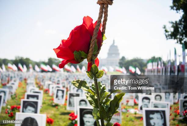 Flower in a noose is pictured at a photo display on the Mall to honor those killed over decades of Irans regime on Monday, August 2, 2021. The rally...