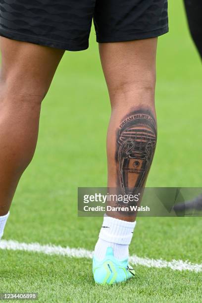Reece James of Chelsea and his champions league tattoo during a training session at Chelsea Training Ground on August 2, 2021 in Cobham, England.