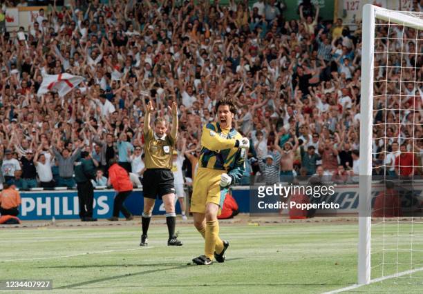 England goalkeeper David Seaman celebrates after the final whistle of the UEFA Euro 1996 Group A match between Scotland and England at Wembley...