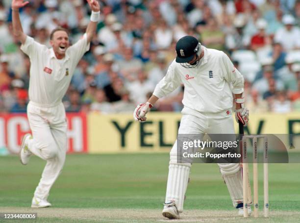 Allan Donald of South Africa celebrates after dismissing Michael Atherton of England on day two of the 4th Test Match at Trent Bridge on July 24,...