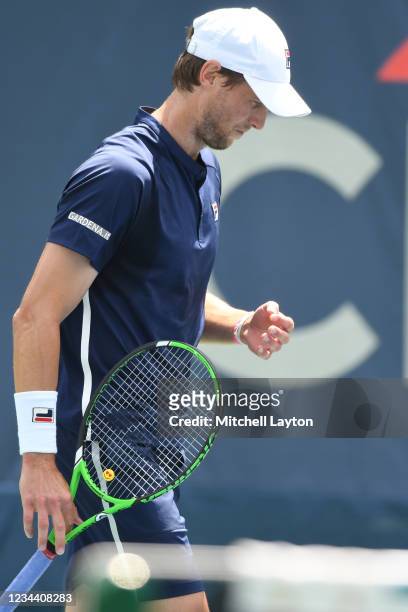 Andreas Seppi of Italy celebrates a shot against Yasutaka Uchiyama of Japan on Day 3 during the Citi Open at Rock Creek Tennis Center on August 2,...