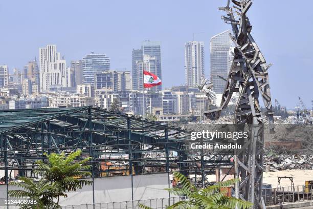 A view of a 25-metre-tall steel sculpture dubbed "The Gesture" by Lebanese artist Nadim Karam, made from debris resulting from the aftermath of the...