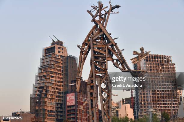 A view of a 25-metre-tall steel sculpture dubbed "The Gesture" by Lebanese artist Nadim Karam, made from debris resulting from the aftermath of the...