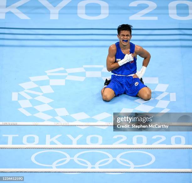 Tokyo , Japan - 3 August 2021; Carlo Paalam of Philippines after defeating Shakhobidin Zoirov of Uzbekistan during their men's flyweight...