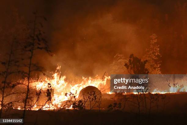 Smoke and flames rise during a forest fire in Kocani, in the eastern part of North Macedonia on August 03, 2021.