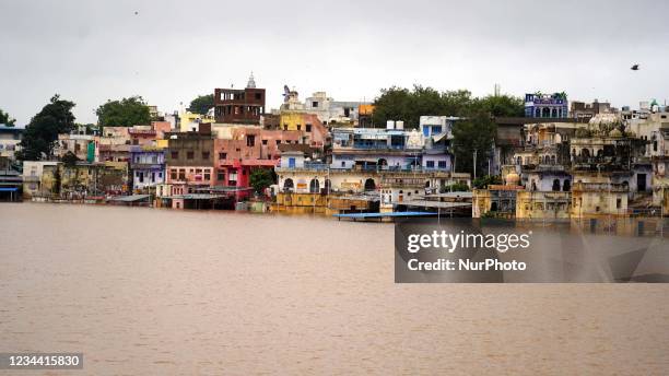 View of pushkar Lake after heavy monsoon rain made the water level rose in Pushkar, Rajasthan, India on August 2, 2021. Pushkar lake is an important...