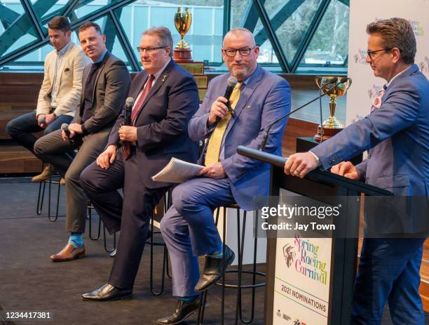 Jake Norton, Alistair Dwyer, Leigh Jordan and Greg Carpenter talk to Michael Felgate and guests at the Melbourne Cup , Caulfield Cup and Cox Plate...