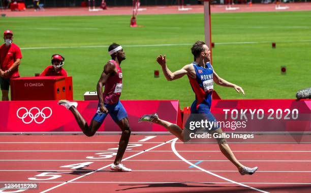 Karsten Warholm of Team Norway ran a new world and Olympic record of 45.94 seconds in the men's 400m hurdles during the Athletics event on Day 11 of...