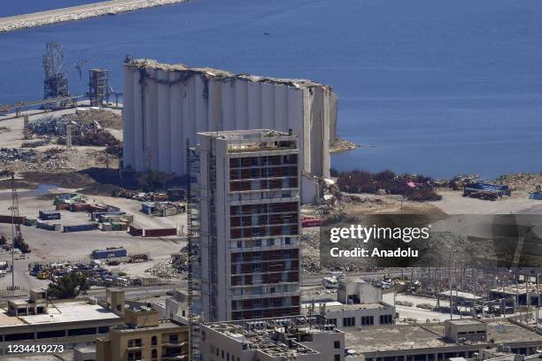 View of damged grain silo at the devastated Beirut port, almost one year after the August 2020 massive explosion, in Beirut, Lebanon on August 3,...