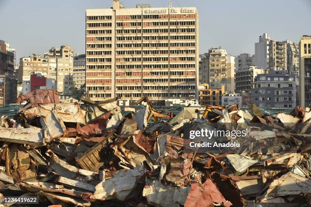 View damaged containers at the devastated Beirut port, almost one year after the August 2020 massive explosion, in Beirut, Lebanon on August 3, 2021....