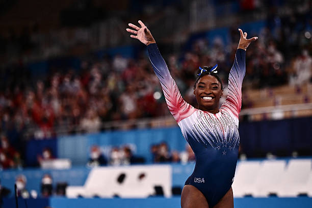 S Simone Biles competes in the artistic gymnastics women's balance beam final of the Tokyo 2020 Olympic Games at Ariake Gymnastics Centre in Tokyo on...
