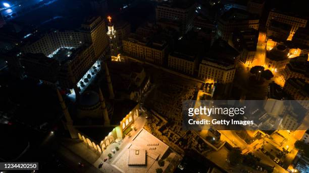 An aerial view of downtown during a power outage on August 2, 2021 in Beirut, Lebanon. Electricite du Liban warned against more drastic measures of...