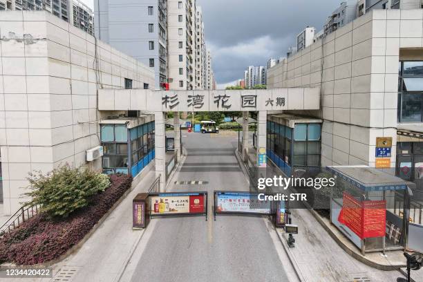 This aerial photo taken on August 3, 2021 shows a restricted residental area due to the Covid-19 coronavirus in Yangzhou, in China's eastern Jiangsu...