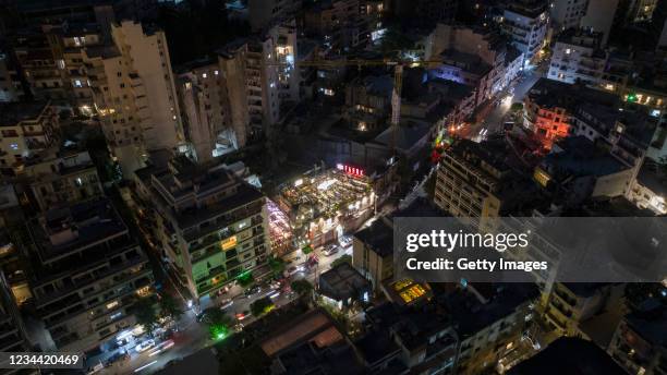 An aerial view of Beirut's cafe and restaurant neighborhood Mar Mikhael along the port on August 2, 2021 in Beirut, Lebanon. Electricite du Liban...