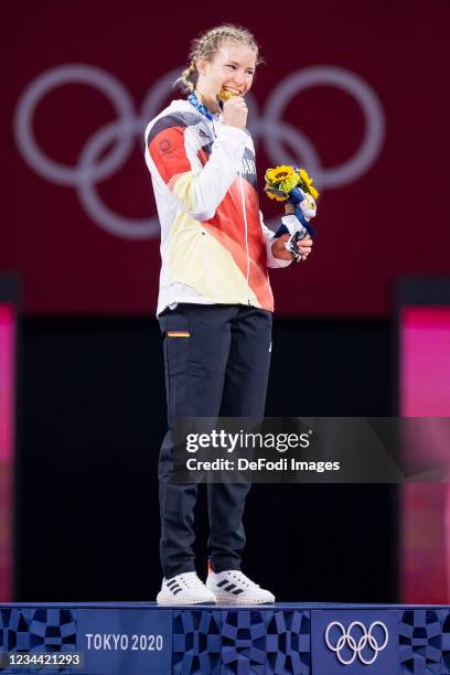 Aline Rotter Focken of Germany during medal ceremony with the gold medal in the Women's Freestyle 76kg wrestling final on day ten of the Tokyo 2020...