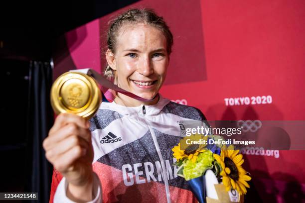 Aline Rotter Focken of Germany during medal ceremony with the gold medal in the Women's Freestyle 76kg wrestling final on day ten of the Tokyo 2020...