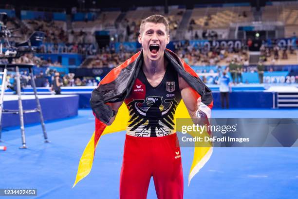 Lukas Daueser of Germany celebrates in the Men's Parallel Bars Final Artistic Gymnastics Competition on day eleven of the Tokyo 2020 Olympic Games at...