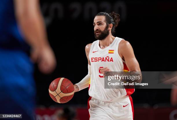 Ricky Rubio of Spain controls the ball in the Basketball Quarterfinal Match between the United States and Spain on day eleven of the Tokyo 2020...